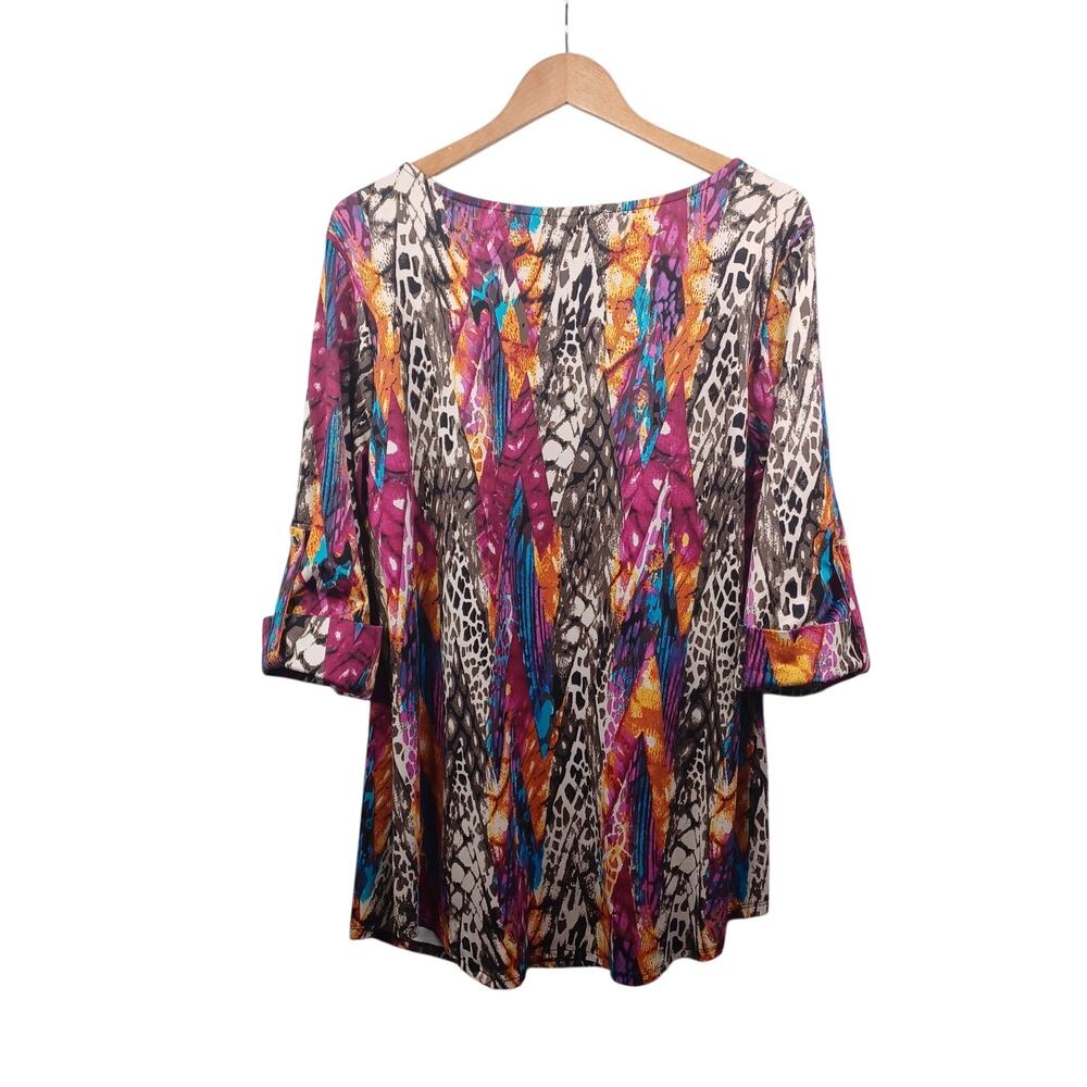 New Directions Women 2X Mixed Print Tunic Top Roll Tab Sleeve Stretch Knit Artsy - Picture 2 of 8